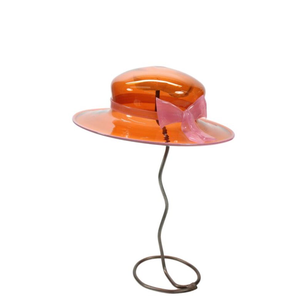 Vintage Glass Handblown Art Ladies Hat Sculpture Red Pink Bow